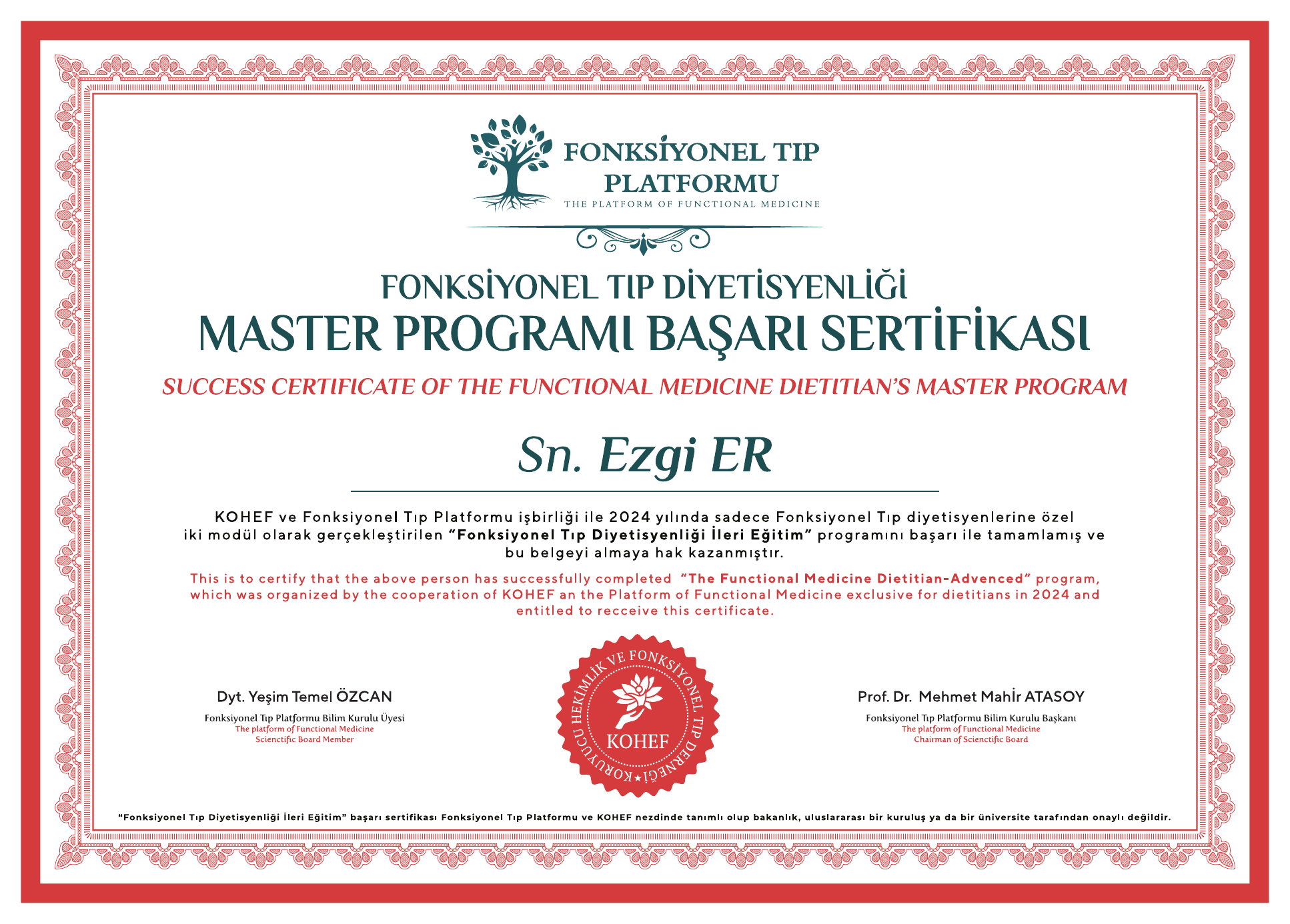 Dyt. Ezgi Er Fonksiyonel Tıp Diyetisyenliği Master Programı Başarı Sertifikası